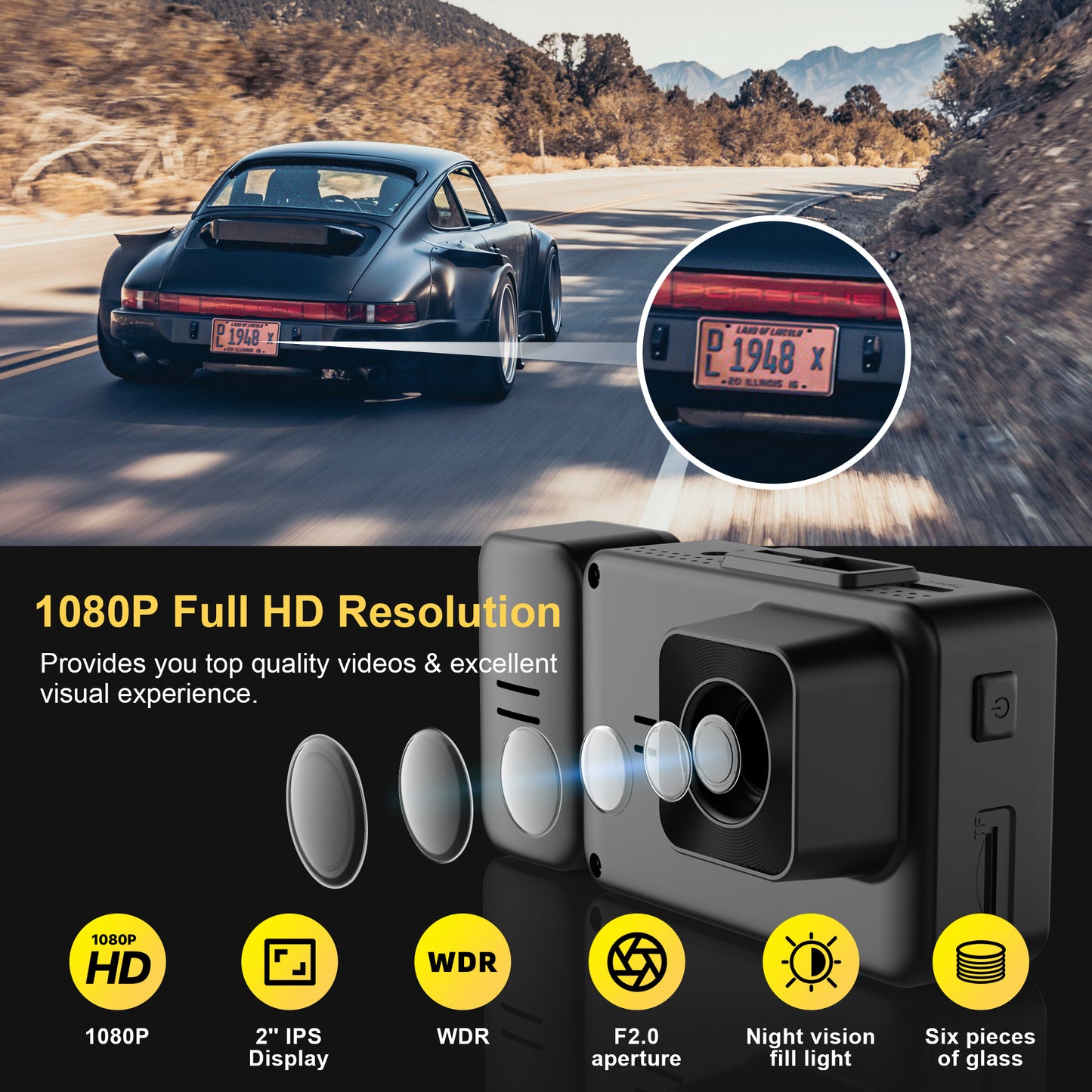 Ginarelo Dash Cam Front Rear Dashcam - Wireless Car Camera Cams for Cars On-Dash Mounted Security Cameras Dual Lens Dashcams Dash Can am Dadh Cam Dashcan Dadhcam Loop Recording G-Sensor 1080P