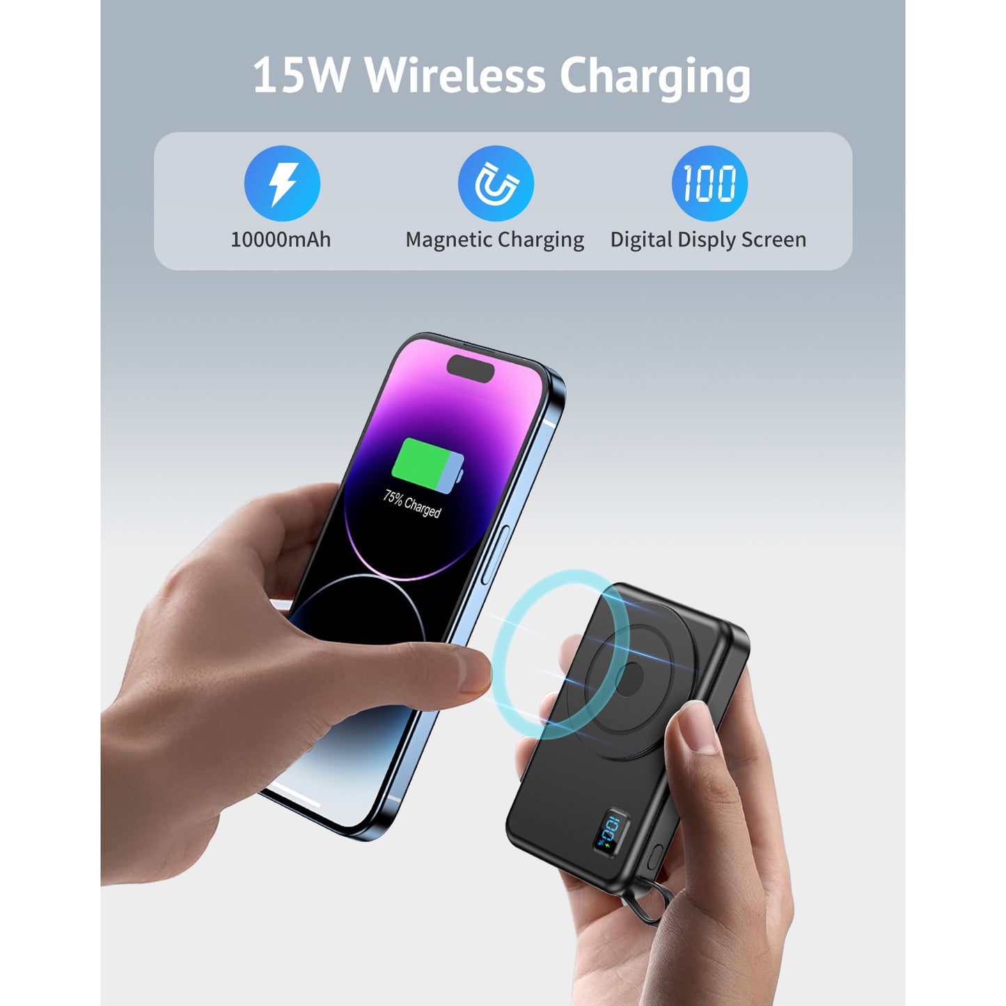 Magnetic Wireless Power Bank Fast Charging, 10000mAh Compatible Portable Charger PD 20W USB-C Battery Pack Compatible with iPhone 16/15/14/13/12 Plus/Pro/Pro Max/Mini