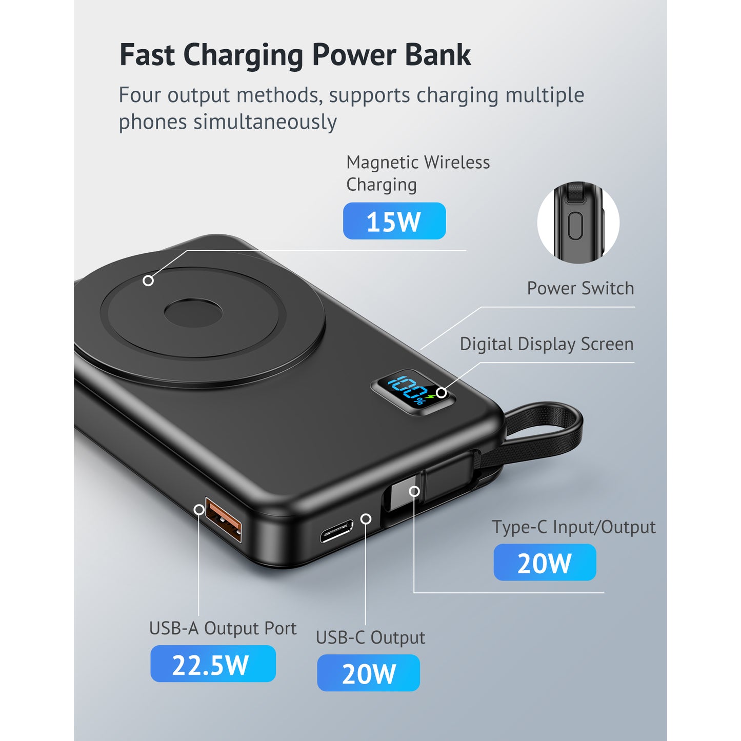 Magnetic Wireless Power Bank Fast Charging, 10000mAh Compatible Portable Charger PD 20W USB-C Battery Pack Compatible with iPhone 16/15/14/13/12 Plus/Pro/Pro Max/Mini