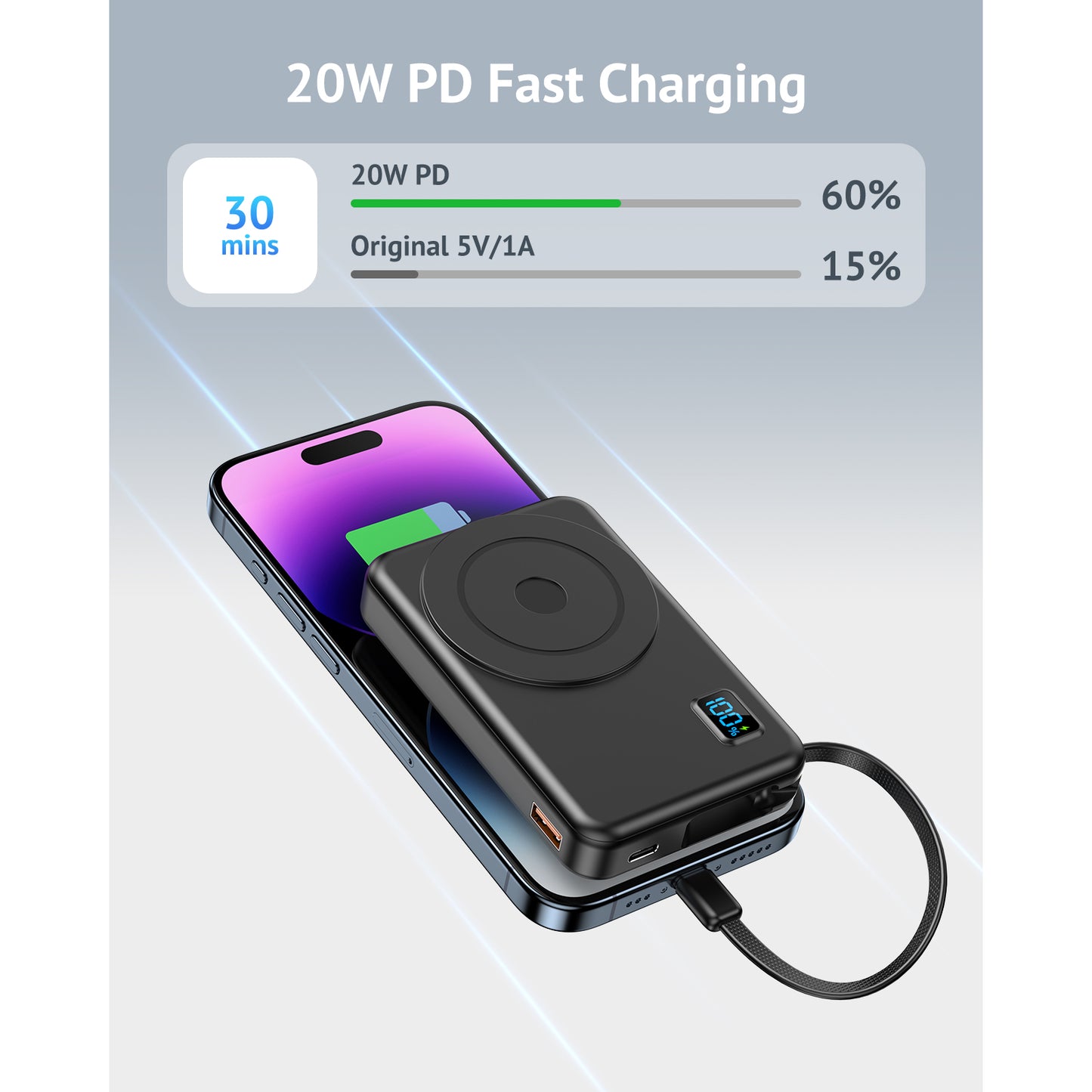 Magnetic Wireless Power Bank Fast Charging, 10000mAh Compatible Portable Charger PD 20W USB-C Battery Pack Compatible with iPhone 16/15/14/13/12 Plus/Pro/Pro Max/Mini