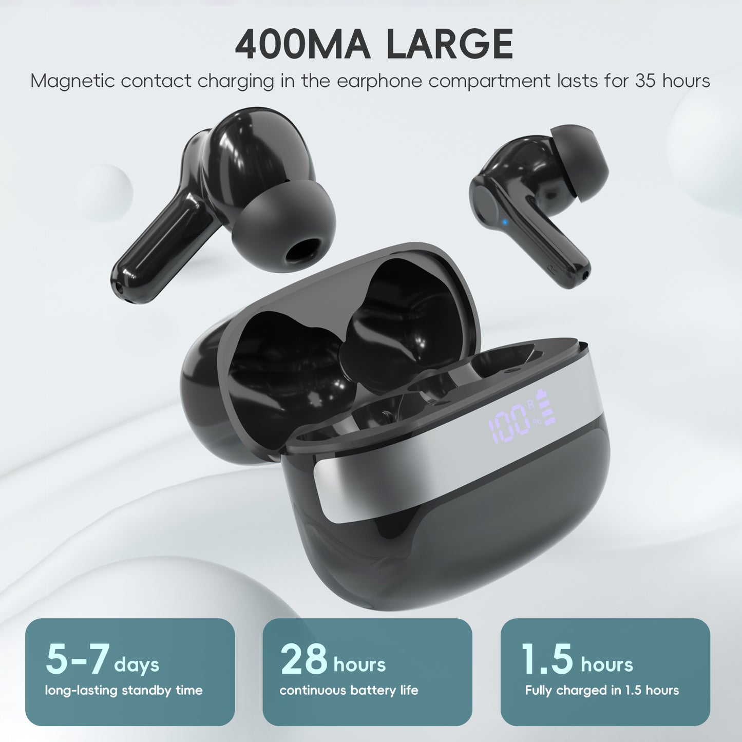 Wireless Earbud, Wireless Headphones 5.3 Stereo Bass Earphones, Ear Buds 40H Dual Mic Call, Earbud In-Ear USB-C LED Display Sport Headset.