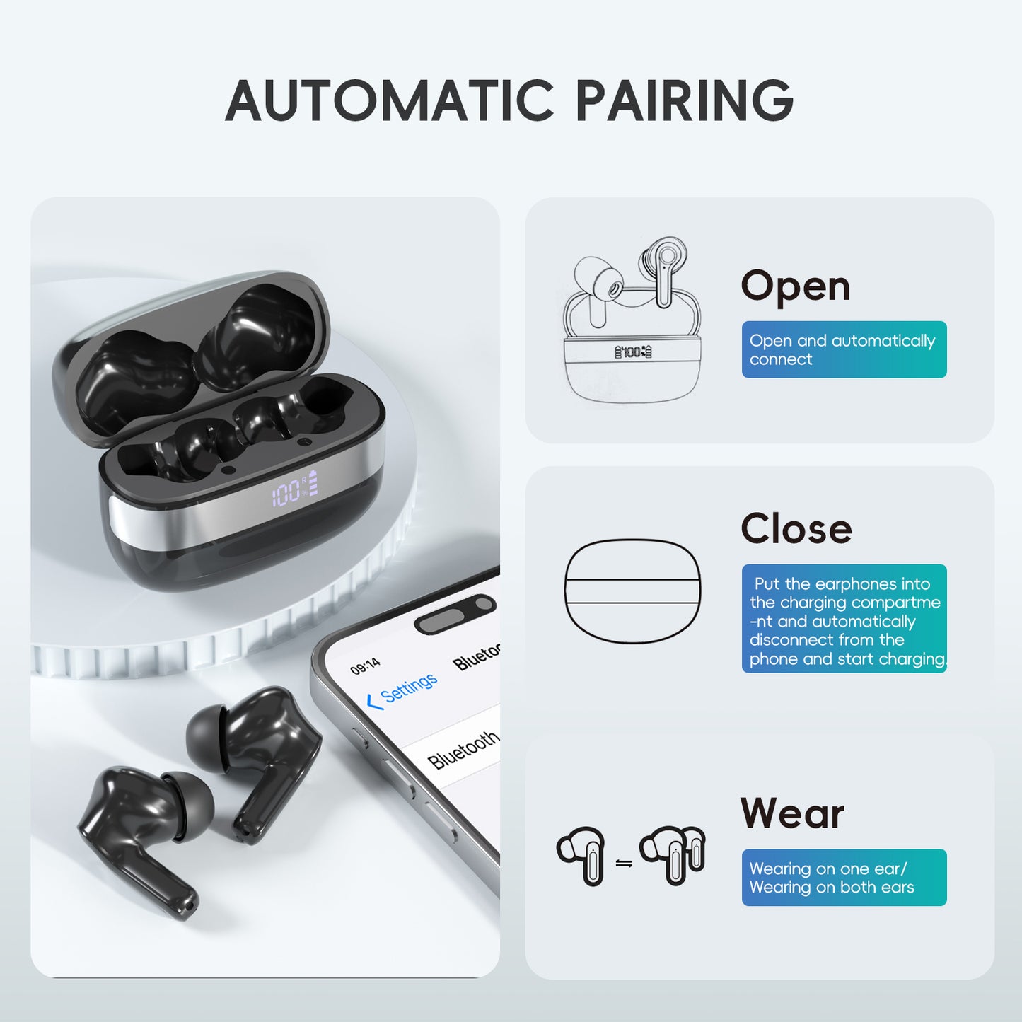 Wireless Earbud, Wireless Headphones 5.3 Stereo Bass Earphones, Ear Buds 40H Dual Mic Call, Earbud In-Ear USB-C LED Display Sport Headset.