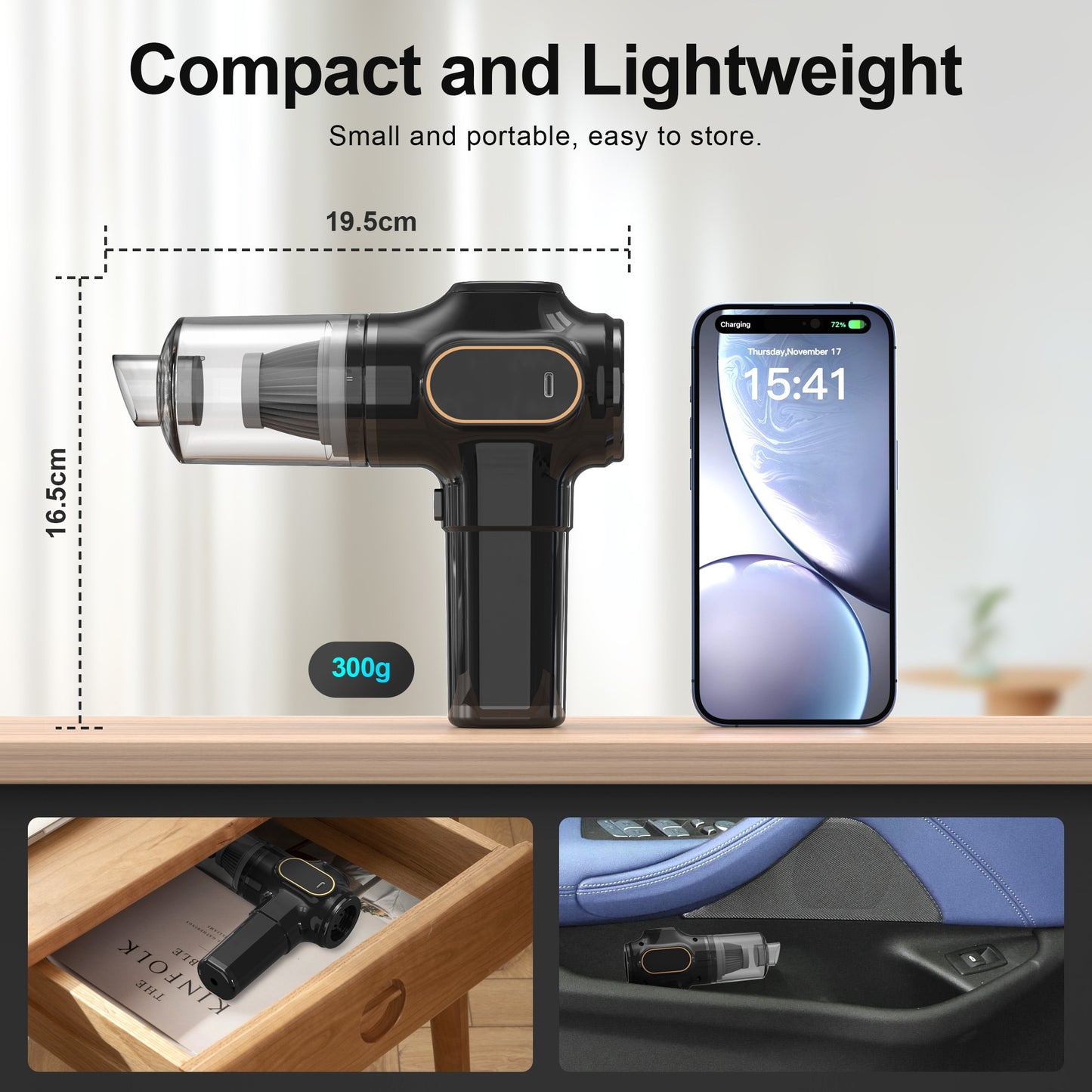 Handheld vacuum cleaner, battery-powered, car vacuum cleaner, powerful - 15000Pa, cordless, car vacuum cleaner, strong performance, powerful suction, handheld vacuum cleaner, high power, car handheld vacuum cleaner, small and mini car vacuum cleaner