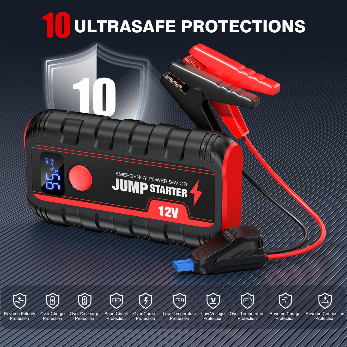 Ginarelo Jump Starter Power Pack Booster - Portable 12V Car Battery Jumpstart Bank Motorcycle Jumper Start with Leads LCD Screen LED 2000A Peak 13200Mah Engine Up To 6.0L Gas or 5.5L Diesel