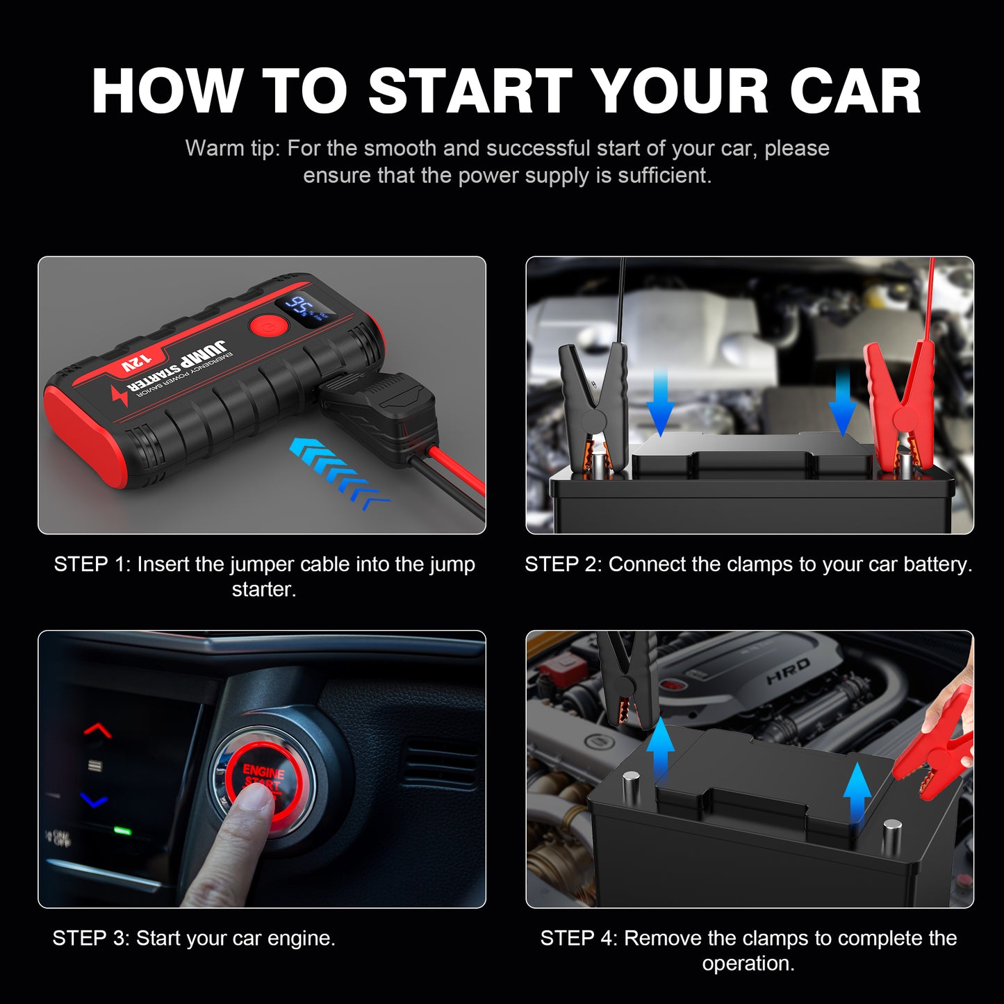 Ginarelo Jump Starter Power Pack Booster - Portable 12V Car Battery Jumpstart Bank Motorcycle Jumper Start with Leads LCD Screen LED 2000A Peak 13200Mah Engine Up To 6.0L Gas or 5.5L Diesel